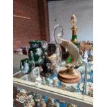 x2 Mary Gregory glass jugs plus 4 x figures - glass swan, leaping fish on stand, bronze man and