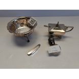 Silver mustard pot and bowl, small scent bottle and pen knife