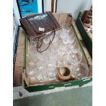 1 x box glassware and vintage brown leather crocodile handbag