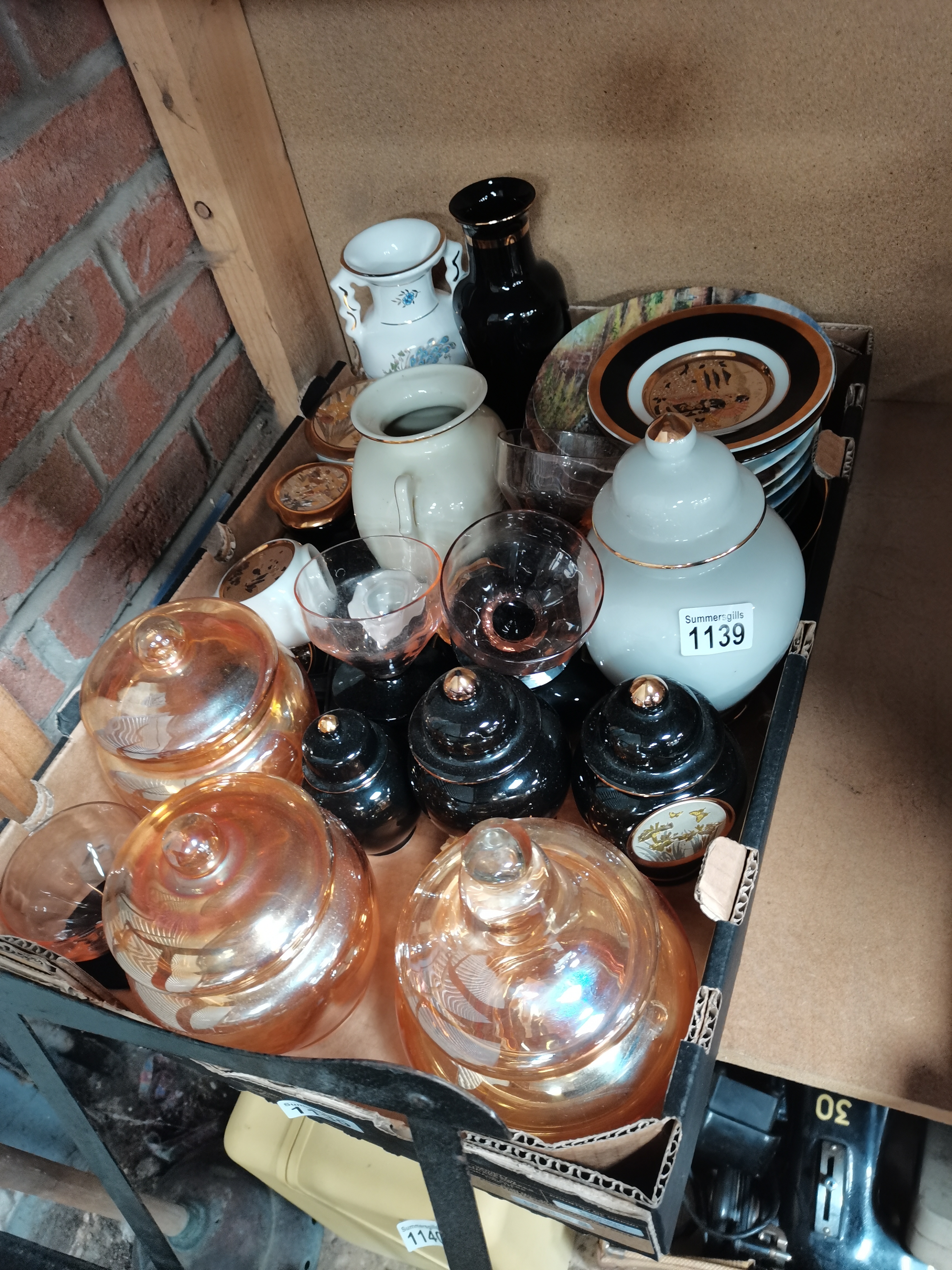 1 box misc. China, chokin ware and coloured glass