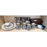 Misc. items including wooden tea caddy, x6 tankards and x6 steel wine glasses etc