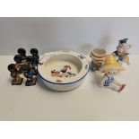 Vintage baby dinner bowl, egg cup and jazz band figures