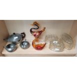 metal teapot, sugar bowl and milk jug, x3 Victorian glass jelly moulds, x2 glass ornamental birds