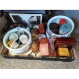 1 Box of Misc. Pots Including Money Boxes tins etc, 1930s Glass lamp shade, picture of Coney St