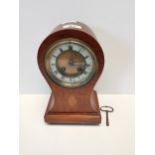 wooden inlaid mantle clock with Key (Bowden & Sons)