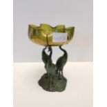 Art noveau style centre piece with stock decoration and iridescent green glass bowl ( Loetz style )