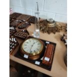 Wooden carved mirror, Walnut type dominoes, Circular wall clock and glass decanter