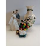 Nao figure of bride and groom, Royal Doulton 'the old balloon seller' and Masons vase