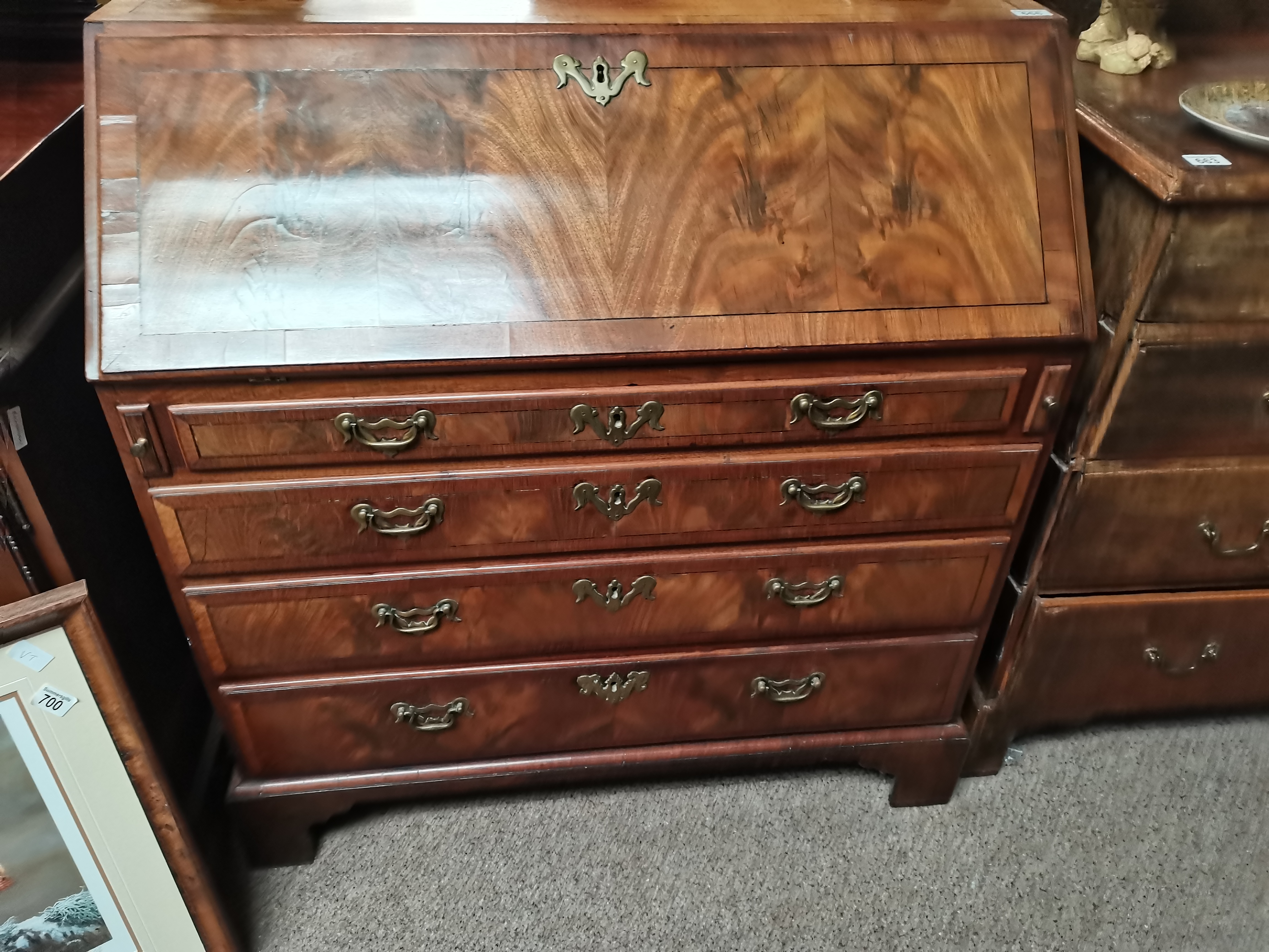 George I Mahogany Bureau - H105cm x W100cm - Good condition for age some signs of wear