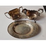 Silver gravy boat, sugar bowl spoon sugar tongs an