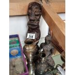 Misc items including carved tribal figure, brass v