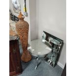 Tall wicker lamp base, metal round table and mirro