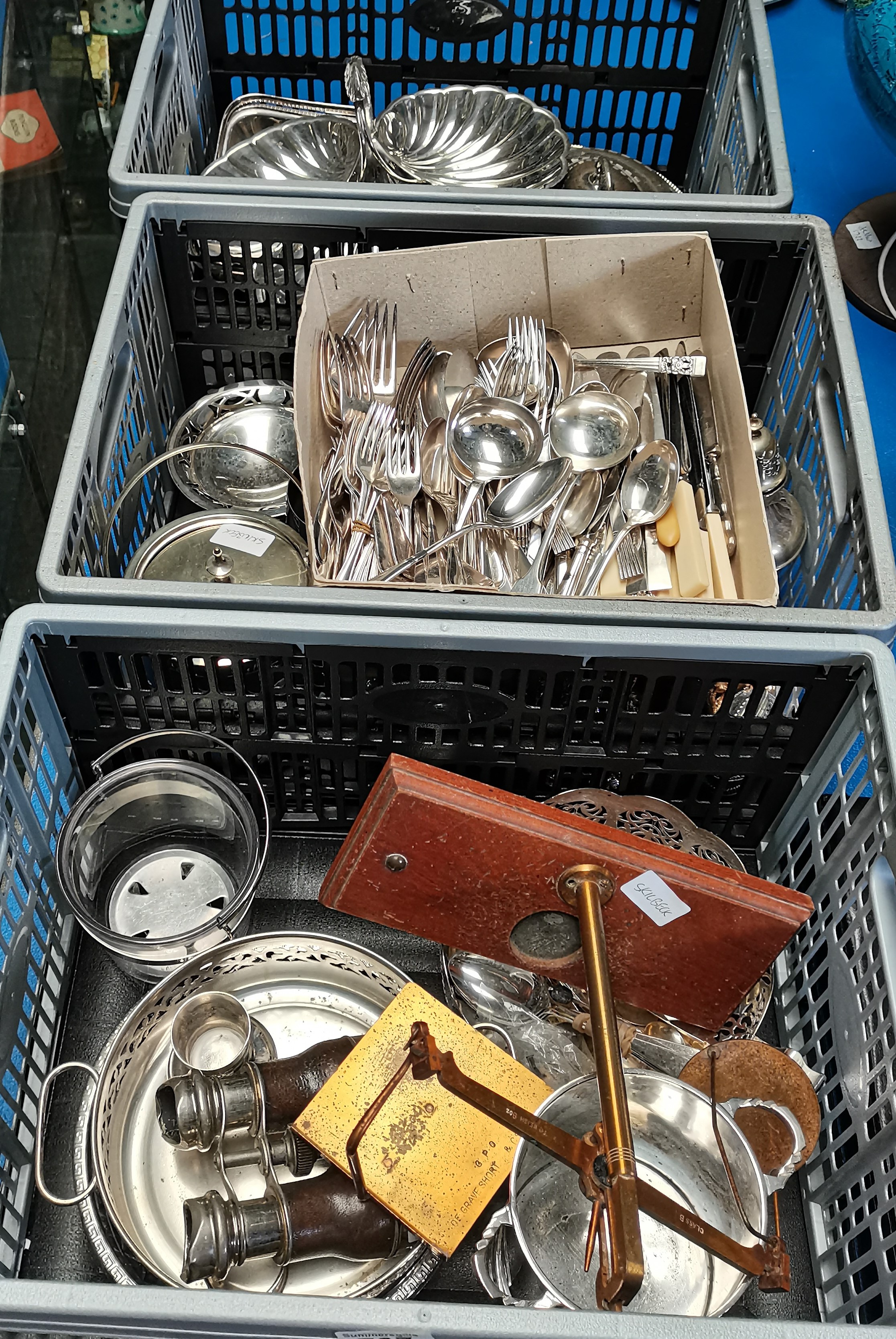 4 x boxes plated ware - cutlery, dishes etc