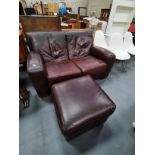 Brown leather style 2 seater sofa and matching foo