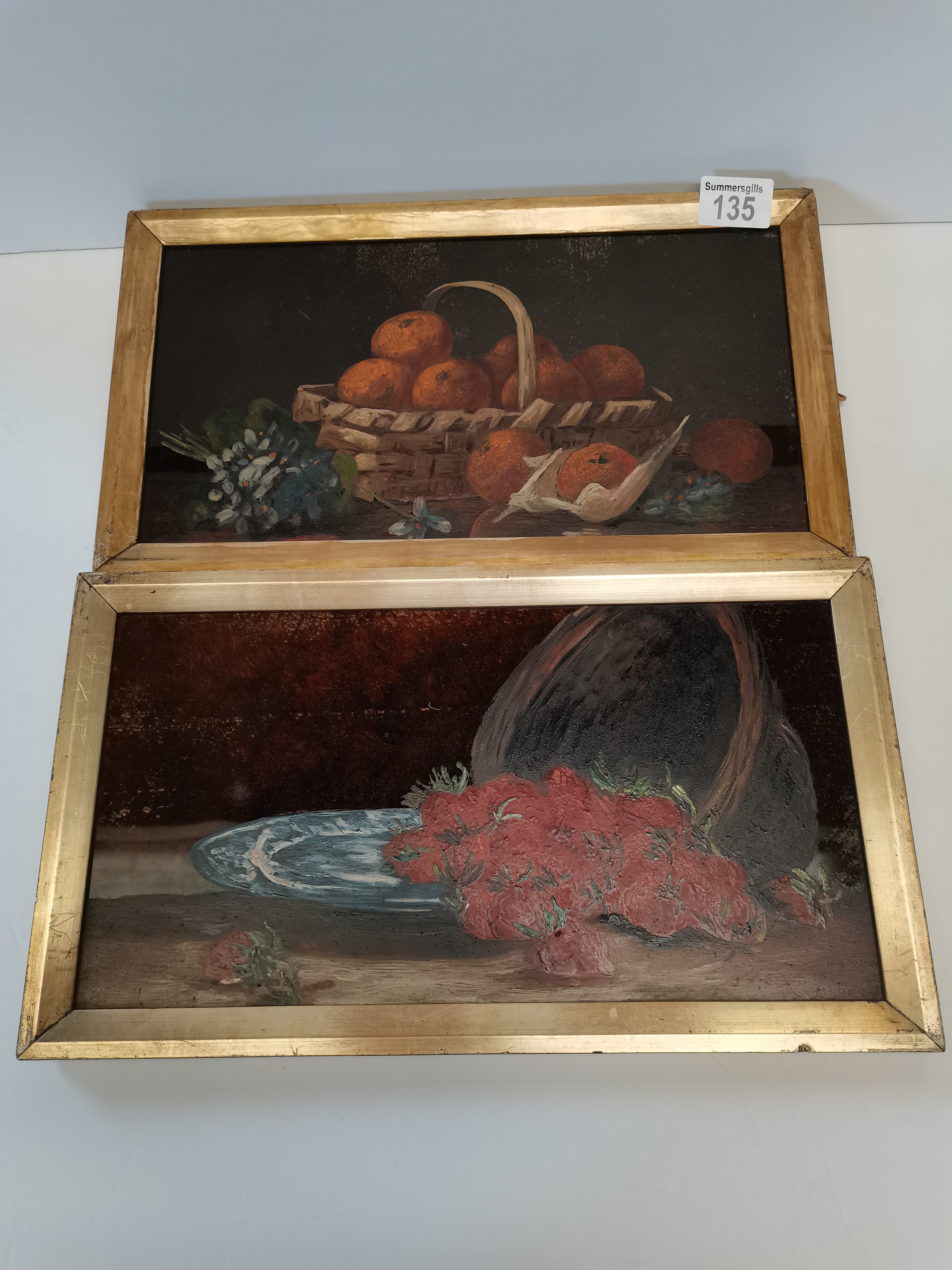 Pair of Victorian still life paintings on glass