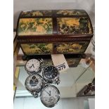 Musical Jewellery box, Masons mantle clock, x4 pocket watches made by Smith of England and a