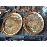 x2 Antique Framed Georgian Silk pictures in gilt oval frames