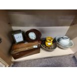 Brass carriage clock writing box, stoneware items