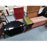 tv stand, blanket box, misc items incl bureau, sid