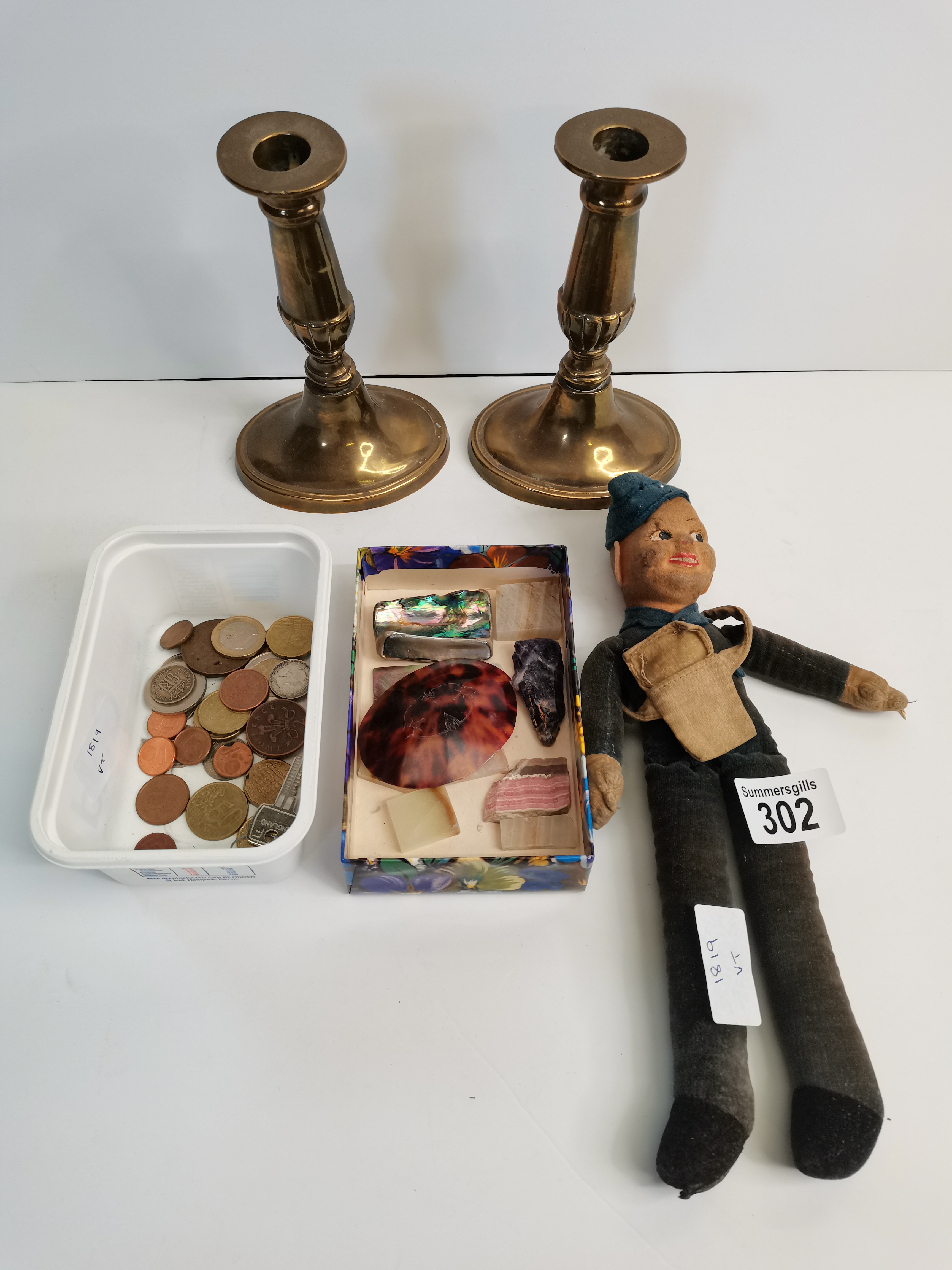 Misc items incl brass candlesticks, old doll, coin