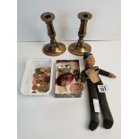 Misc items incl brass candlesticks, old doll, coin