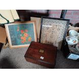 Antique Mahogany box, Framed Sampler plus 2 framed