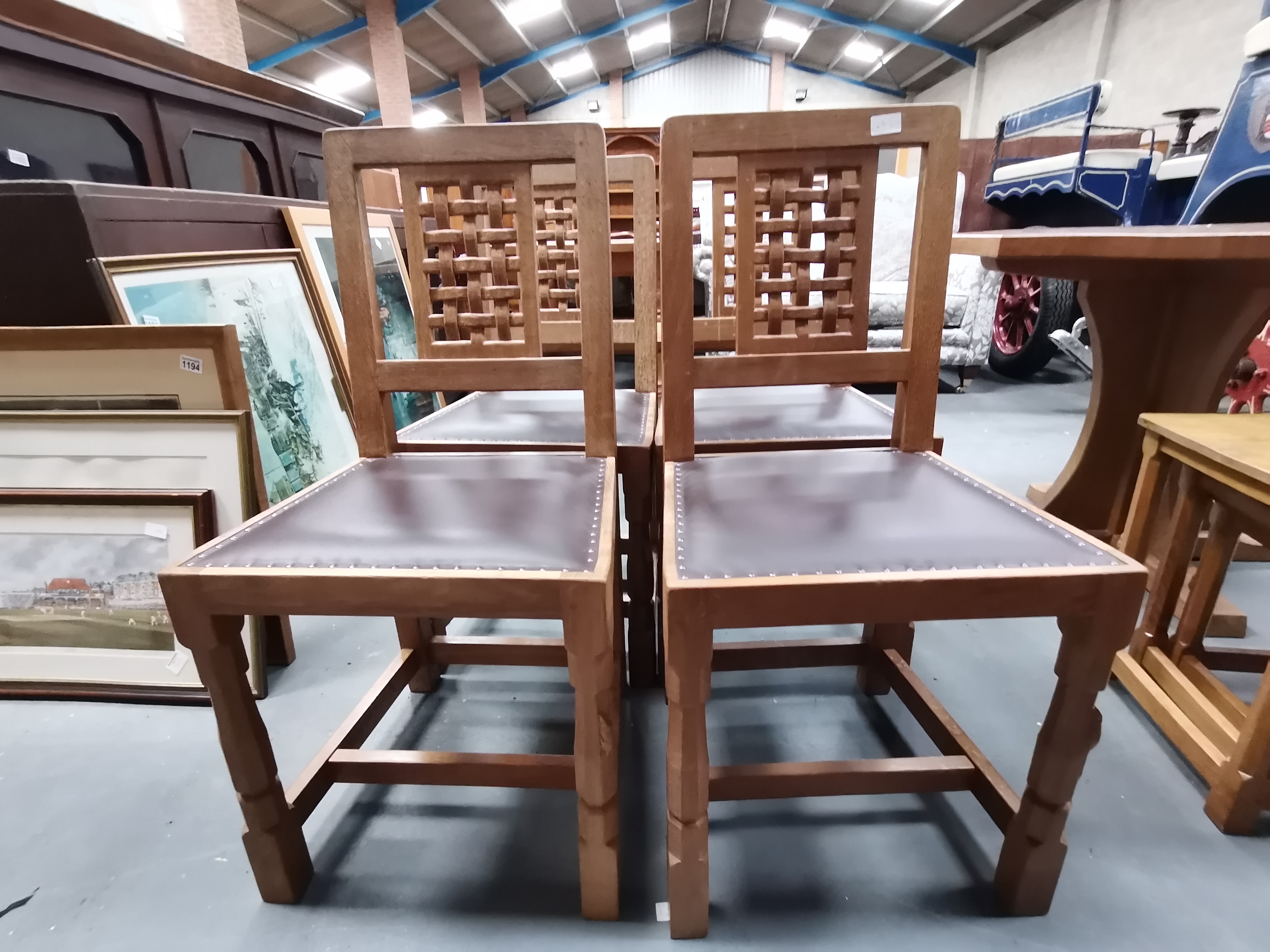 X4 leather seated Mouseman dining chairs. very goo - Image 6 of 8