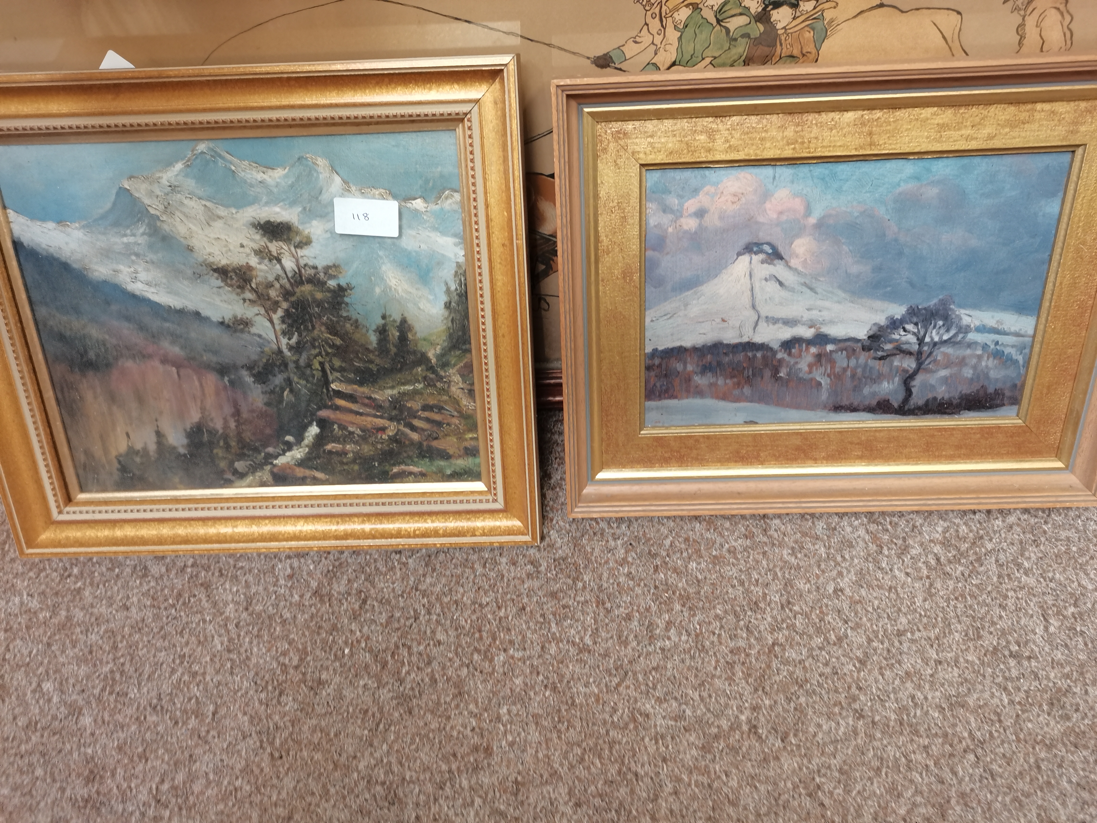 2 x watercolour of sea scapes and 2 x oil paintings of mountain scenes