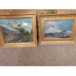 2 x watercolour of sea scapes and 2 x oil paintings of mountain scenes