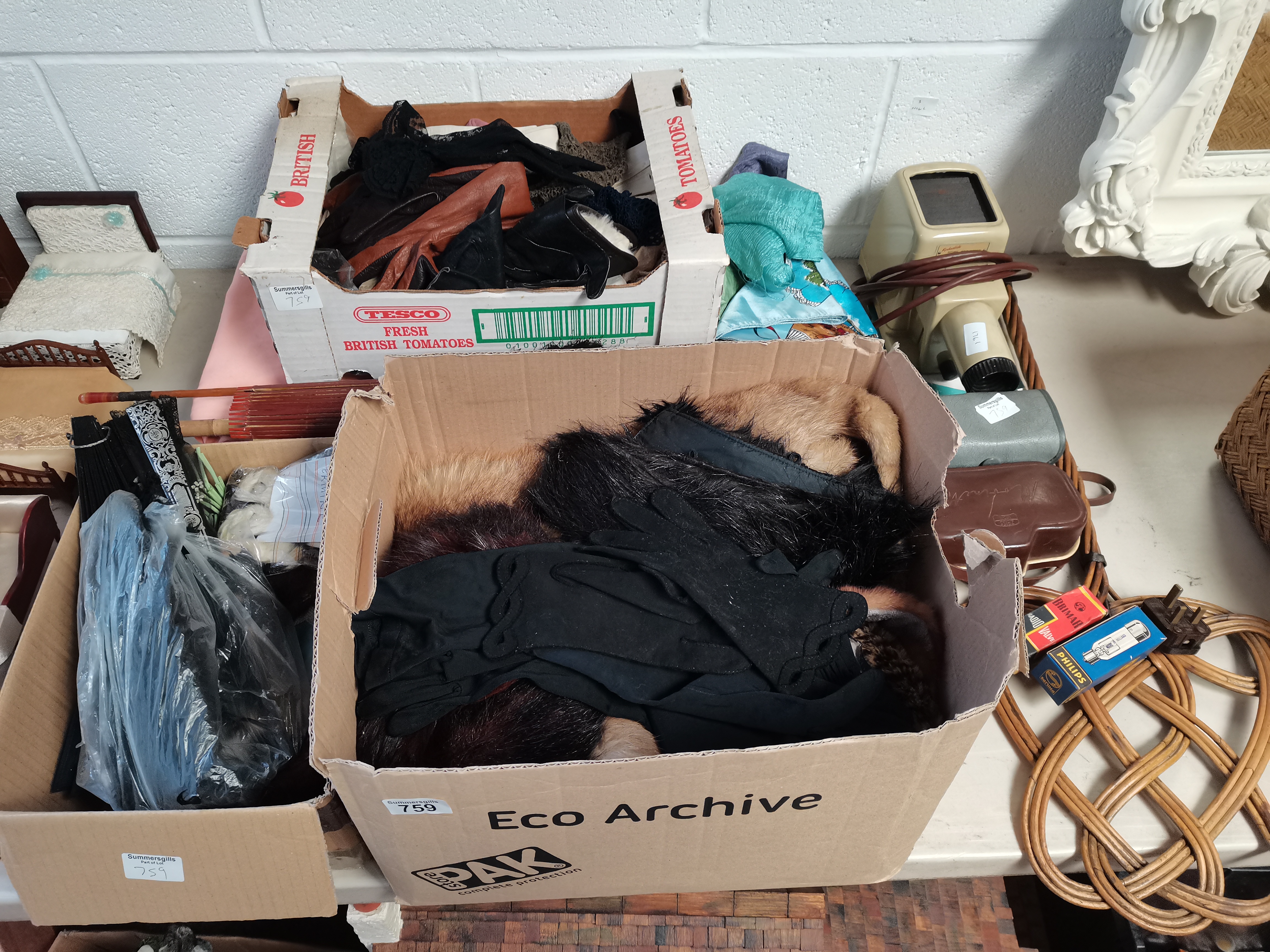 4 Boxes of Vintage Clothing Items a Projector cameras etc