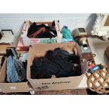 4 Boxes of Vintage Clothing Items a Projector cameras etc