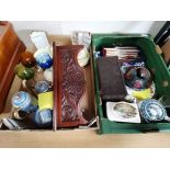 2 x boxes misc items incl coloured glass, wooden b