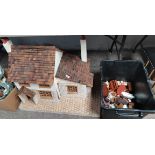 Large Dolls House With Garage and a Box of Vintage Dolls House Furniture