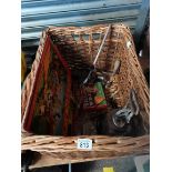 Large Wicker Basket Containing Glass Bottle Glass Grinder, Mincer and a game