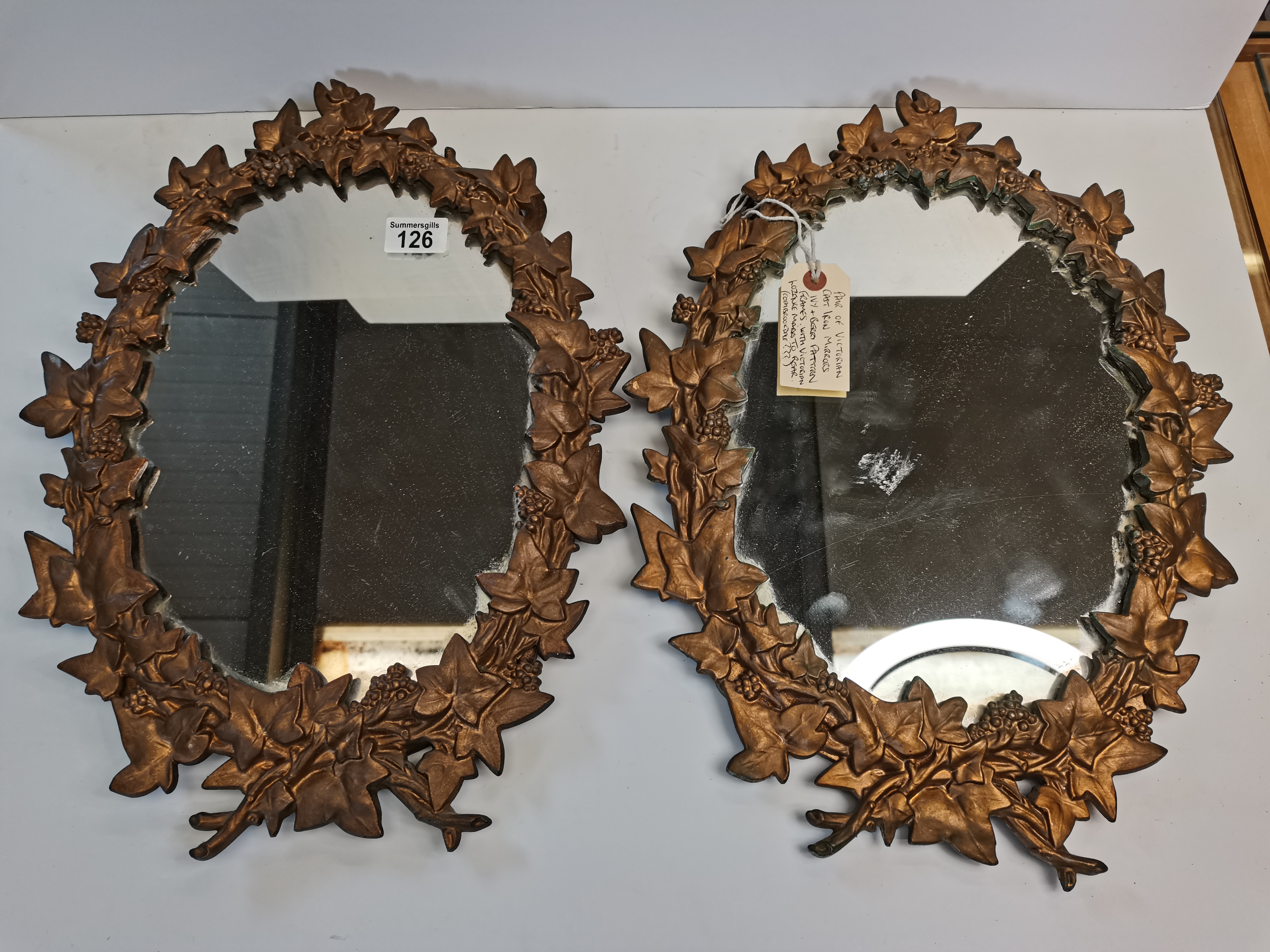 Pair of cast iron Ivy & Berry leaf patterned Mirrors with registration mark on the back