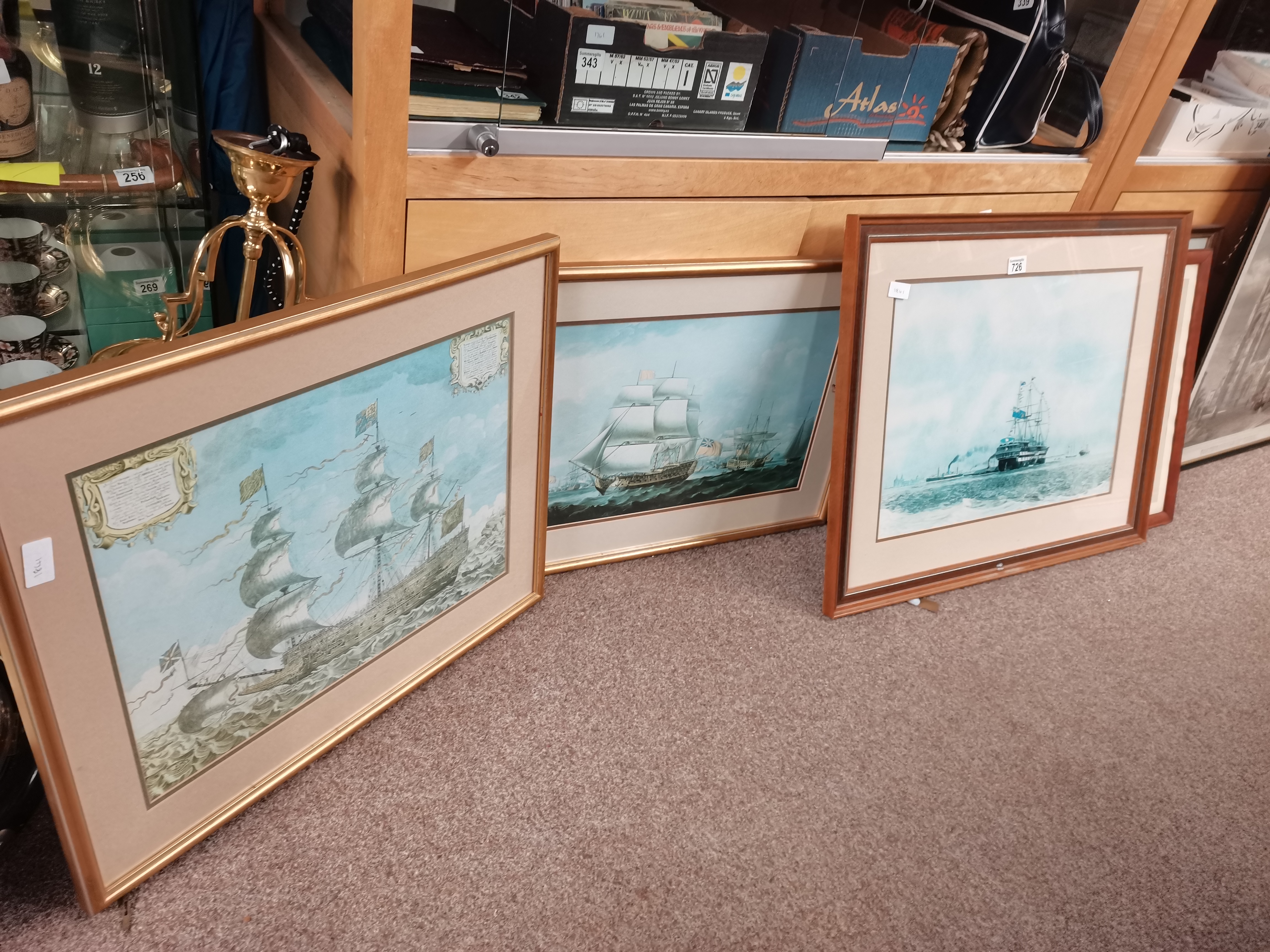 X3 framed pictures of ships - one of them of H.M.S Conway 1815 - 1954