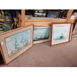 X3 framed pictures of ships - one of them of H.M.S Conway 1815 - 1954
