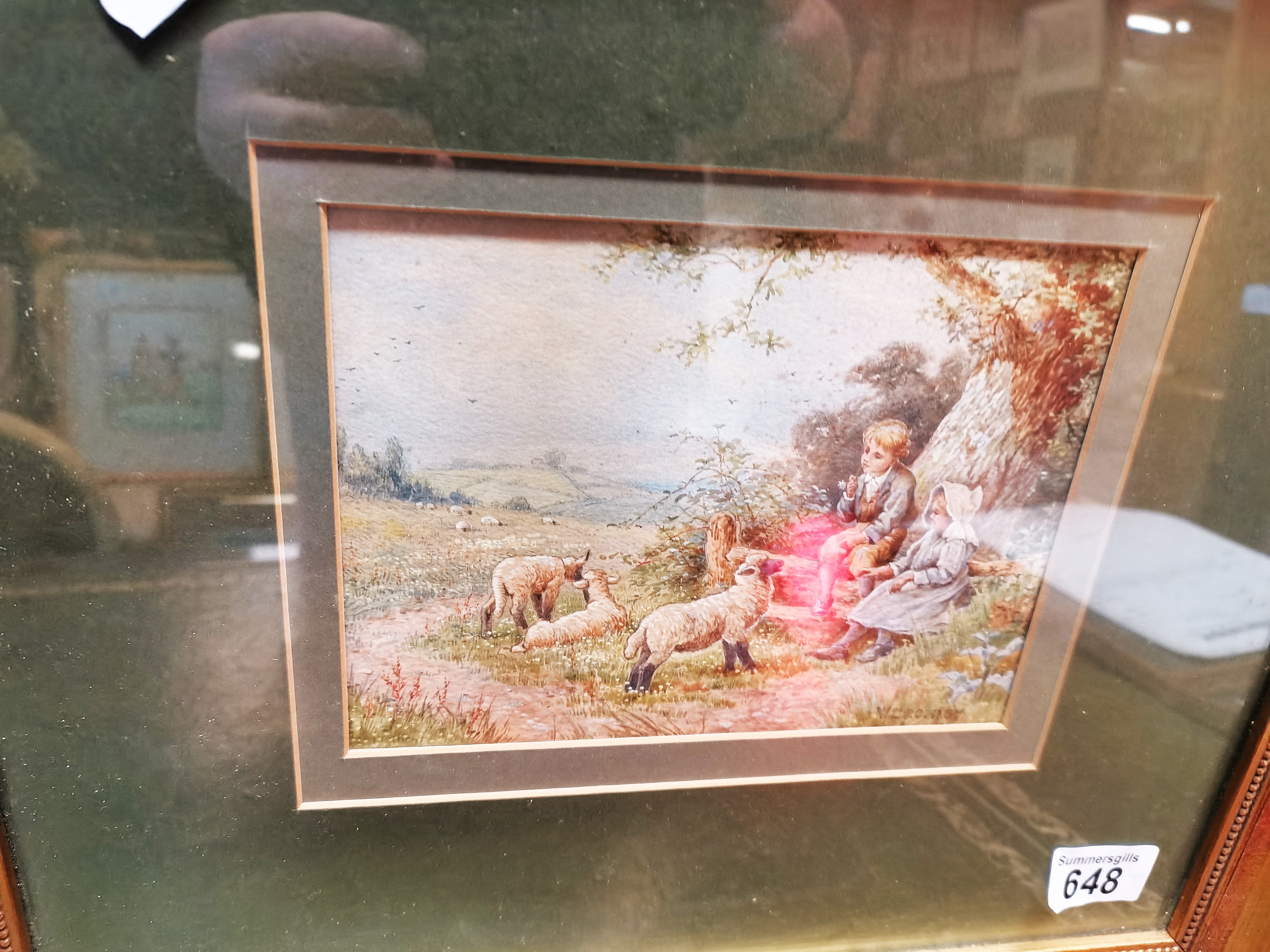 A watercolour by W Bromley of Children and sheep i - Image 3 of 3