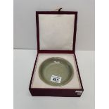 14cm Early olive coloured bowl in case. Ex. condition
