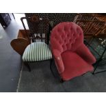 Pink button back nursing chair plus antique chair