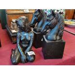 A pair of resin horse figures 25cm high plus 57/75 lady figure by w. Awlson 22cm high