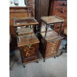 Pair of mahogany bedside tables on casters with inlays/ mirrors. Condition good w 37cm h 95cm