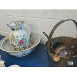 Brass jam pan, copper pan and jug & bowl set
