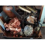 A Shoe Shine Box, 2 Brass Desk Lamps and a collection of Metalware