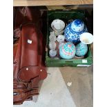 1 Box Of Ceramics and a Leather Golfing Bag