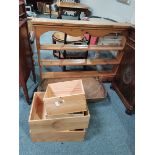 Antique pine plate rack plus wooden trough boxes