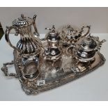 Silver plated Tray with milk jug, tea pot and x3 coffee pots