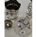Cut glass and Silver decanter plus silver plated wine bucket and flower holder