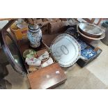 2 Boxes Of Ceramics Plus some Large Bowls, Large Serving plate, Mirror and a Writing Slope