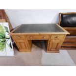 Green leather topped pine Pedestal desk